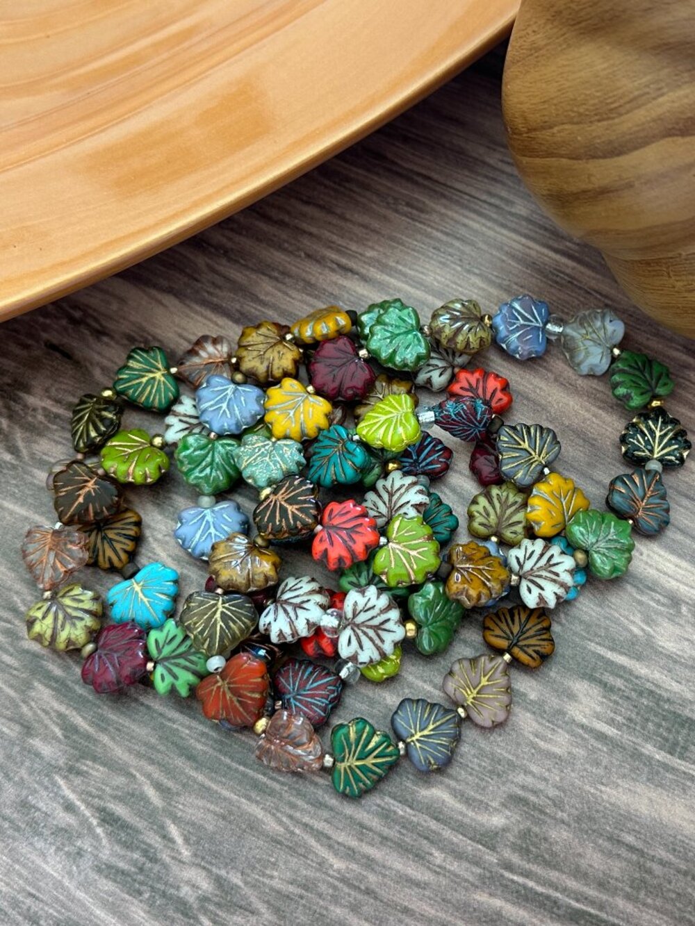 NEW-Multicolor Autumn Leaves-Glass Bead Stretch Bracelet-Child & Adult Sizes